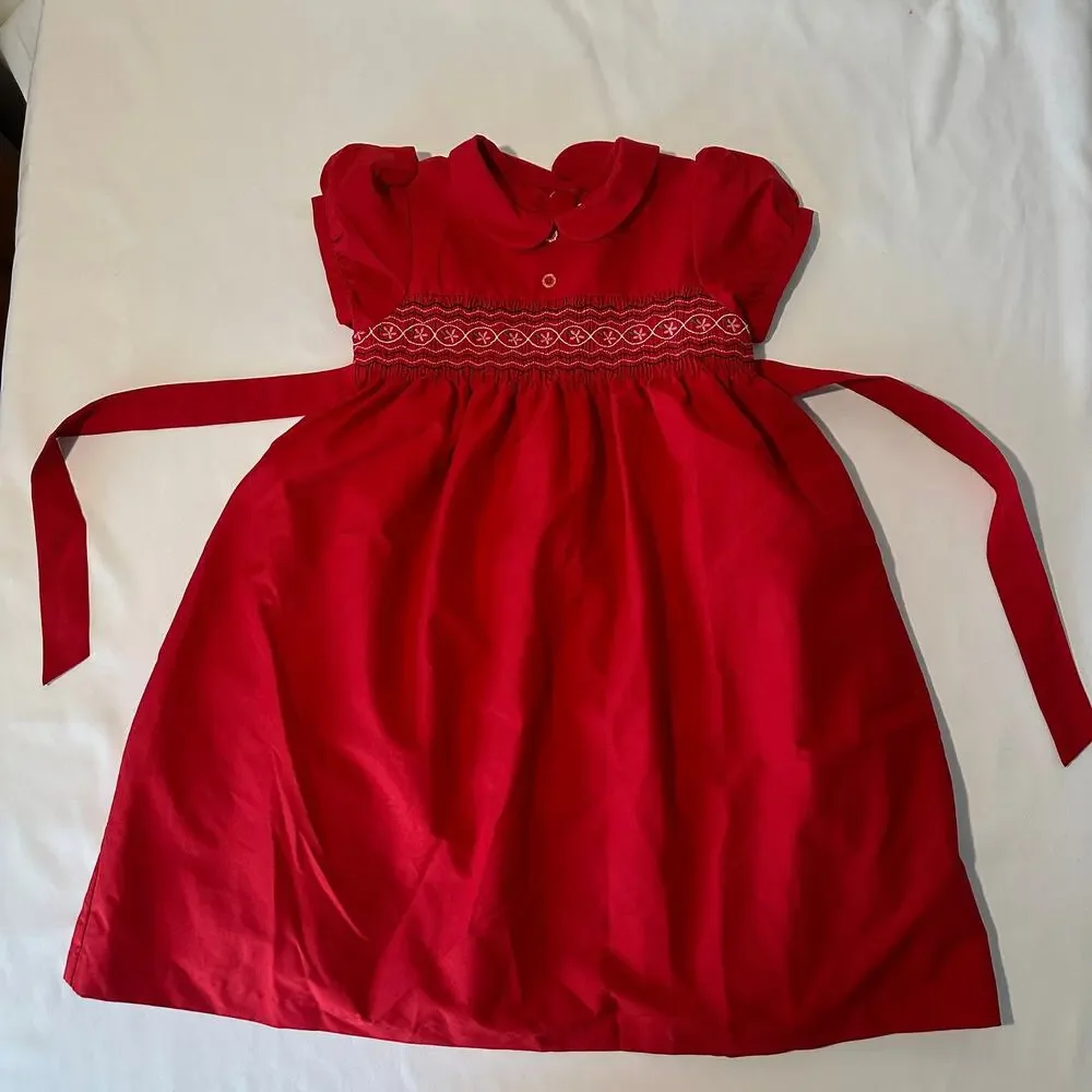 OshKosh B'gosh Red Peter Pan Collar Holiday Christmas Floral Embroidered Dress